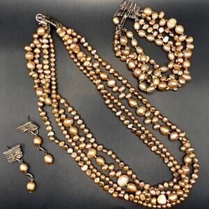 Vtg MCM Pink Freshwater Pearl Jewelry Set 925 Clasps Necklace Bracelet Earrings